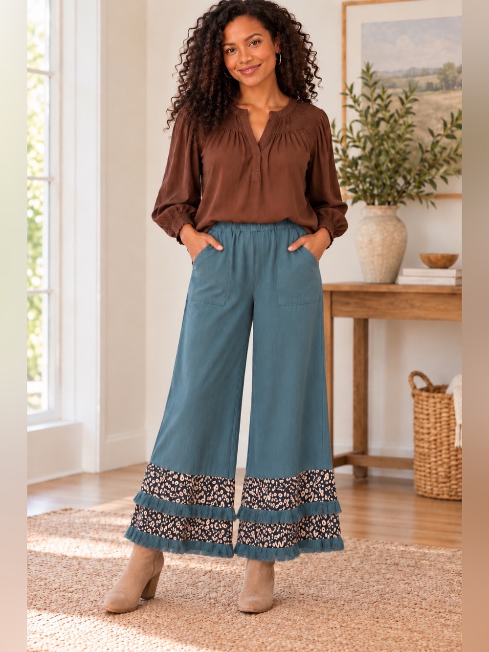 Umgee 30Wide Leg Lace Hem Pants in Blue